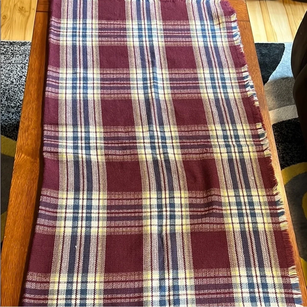Roots | Size 45”x45” Burgundy, Blue, Yellow & White Plaid Scarf/Shawl - Picture 3 of 7